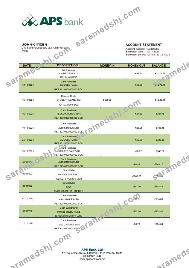 Malta APS bank statement
